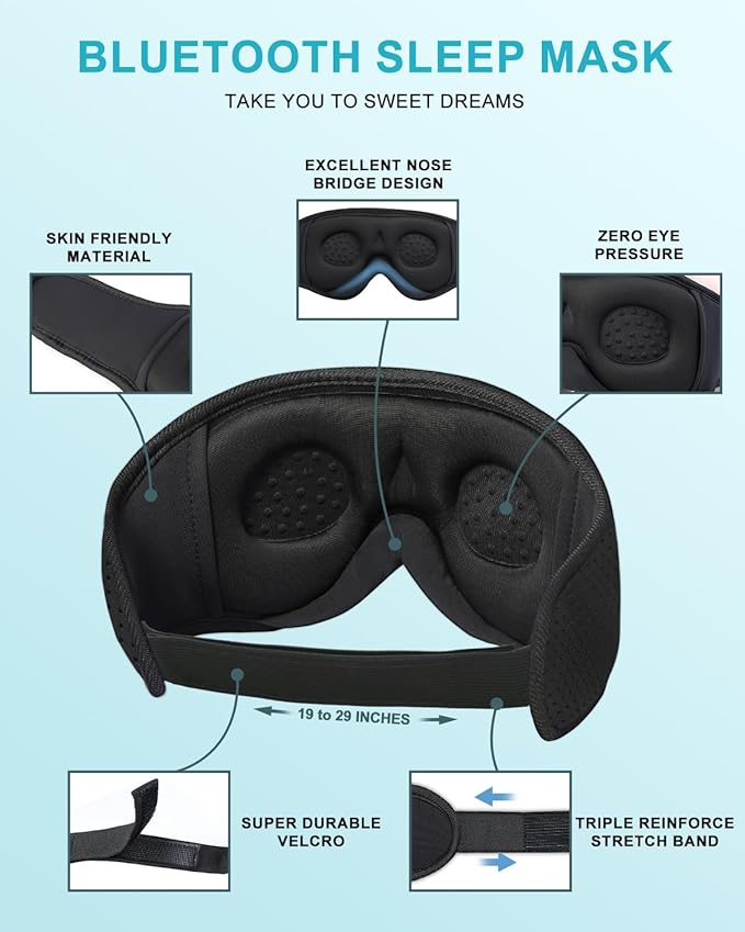 LC-dolida Sleep Headphones, 3D Sleep Mask Bluetooth Wireless, Sleeping Headphones for Side Sleepers Sleep Eye Mask Music Weighted Sleeping Mask Meditation Gifts for Men Women (Black)