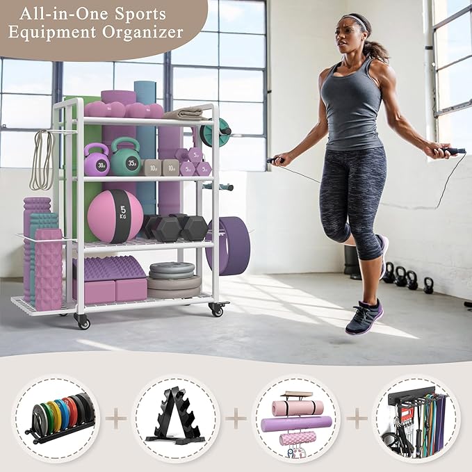 4-Tier Dumbbell Rack Stand Only, Adjustable Weight Rack for Dumbbells Kettlebells Yoga Mat, Home Gym Storage Rack with Wheels and Hooks, Powder Coated Finish