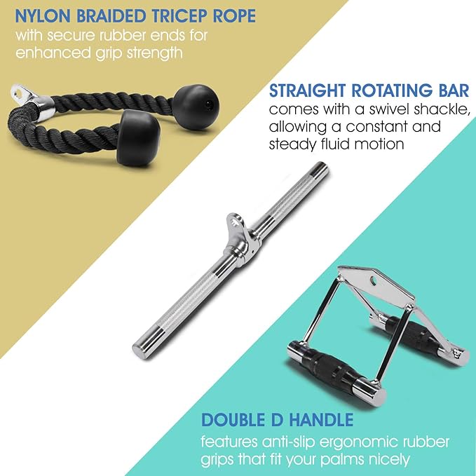 Yes4All Cable Machine Attachment, Row Handles, Tricep Rope, Straight Bar, V Bar, LAT Pulldown Accessories Load 880 LB for Home Gym