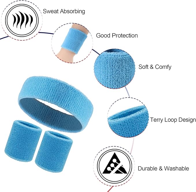 18 Pcs Sweatbands Headband Wristband Set Colorful Striped Terry Cloth Sports Athletic Gym 80s Sweat Headbands