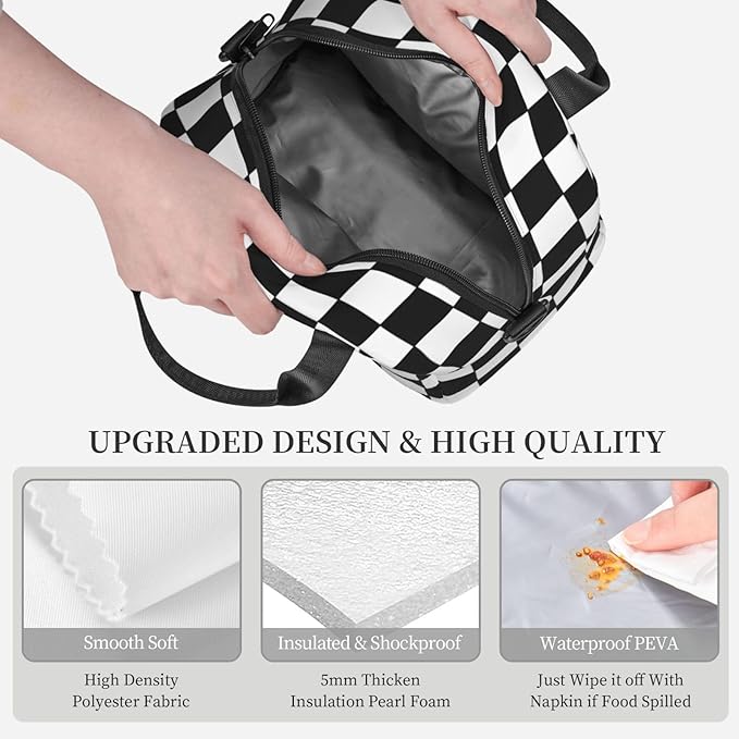 Black White Checkered Reusable Insulated Lunch Box Waterproof Lunch Bag with Detachable and Adjustable Shoulder Strap for Office Picnic or Travel