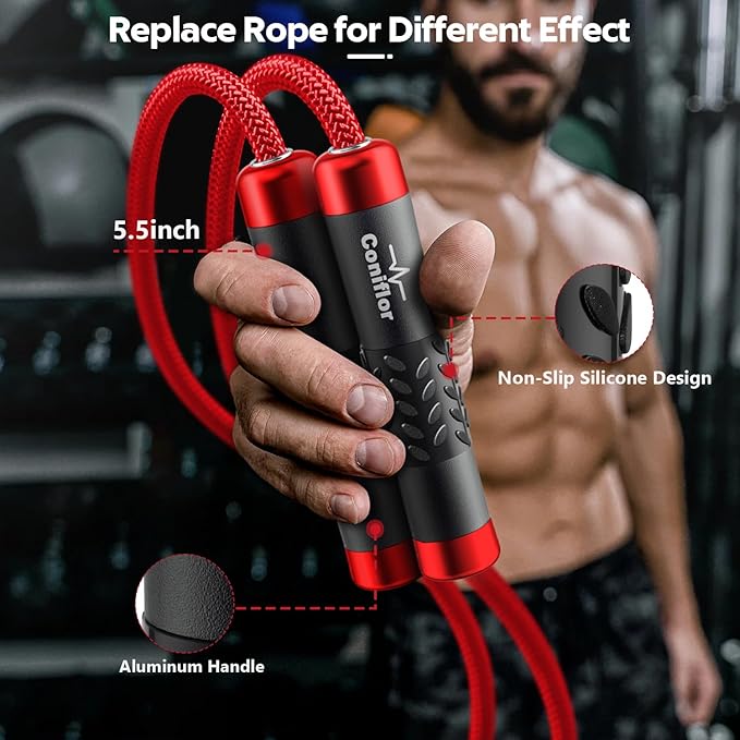 Weighted Jump Rope, 1LB Tangle-Free Ball Bearing Rapid Speed Skipping Rope for Men Women, Adjustable 9mm Cotton & PVC Rope with Alum Handle for Boxing MMA Weight-Loss Athletic Workout Fitness