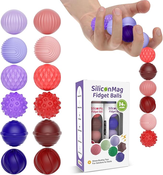 Silicone Magnetic Balls, Fidget Toys, 12-Pack Stress Relief Toys for Adults, Teens, Sensory Toy for Fingers Hands, Quiet Office Desk Toys with Textures, Magnet Fidget Fun Gift (2 Pack(Red+Purple))