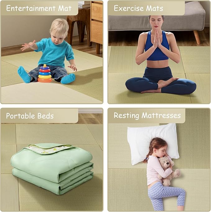 HAGiHARA Japanese Tatami Mat, Patchwork Tatami Floor Mats, 96" x 96" Foldable Square with Non-Slip Design for Bedroom, Crawling and Yoga, Made of Rush Grass, Igusa(Without Edge/9 Picecs)