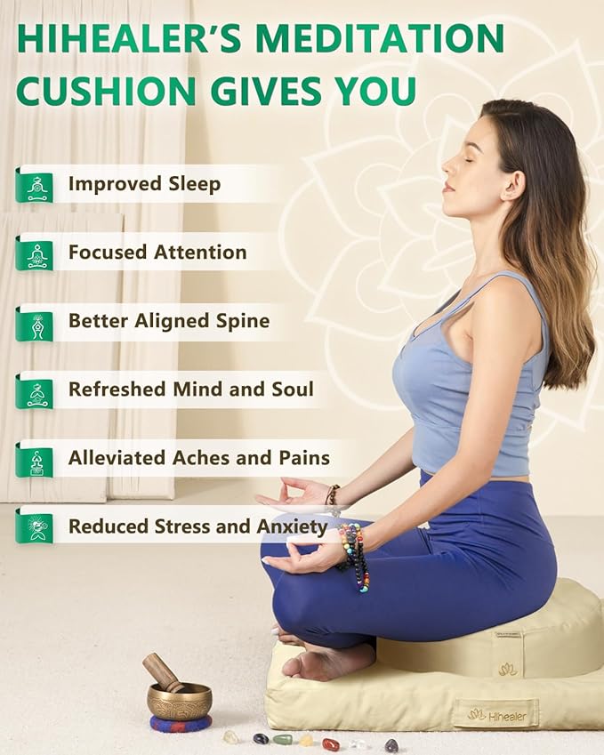 Hihealer Meditation Cushion Set Large Velvet Floor Pillow & Traditional Tibetan Yoga Bolster for Adults Zafu Meditation Mat with Buckwheat Filling (Cream)