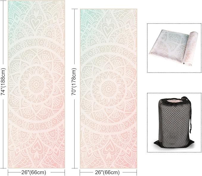 Colorful Star Yoga Towel with Corner Pockets, Non Slip Grip Dots Sweat Absorbent Hot Yoga Mat Towels, Soft Yoga Blankets with Travel Bag, Mat Cover for Workout, Gym, Fitness - 70"x26", Pink Mandala