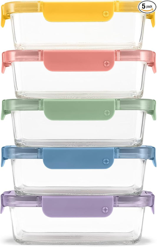 Ello Color Lock 3.4 Cup 10PC, 5 Pack Glass Meal Prep Sets Leak-Proof Glass Food Storage Containers with Airtight BPA-Free Plastic Lids, Dishwasher, Microwave, and Freezer Safe, Desert Festival