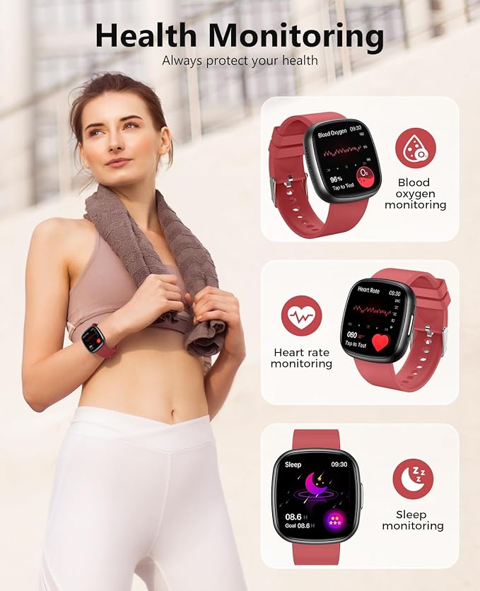 Smart Watches,Blood Oxygen Monitor, 1.72" HD Touch Screen Fitness Watch, Heart Rate Sleep Pressure Monitoring, 100+ Sports Modes, IP68 Waterproof Fitness Tracker, Compatible with Android and iOS,Red