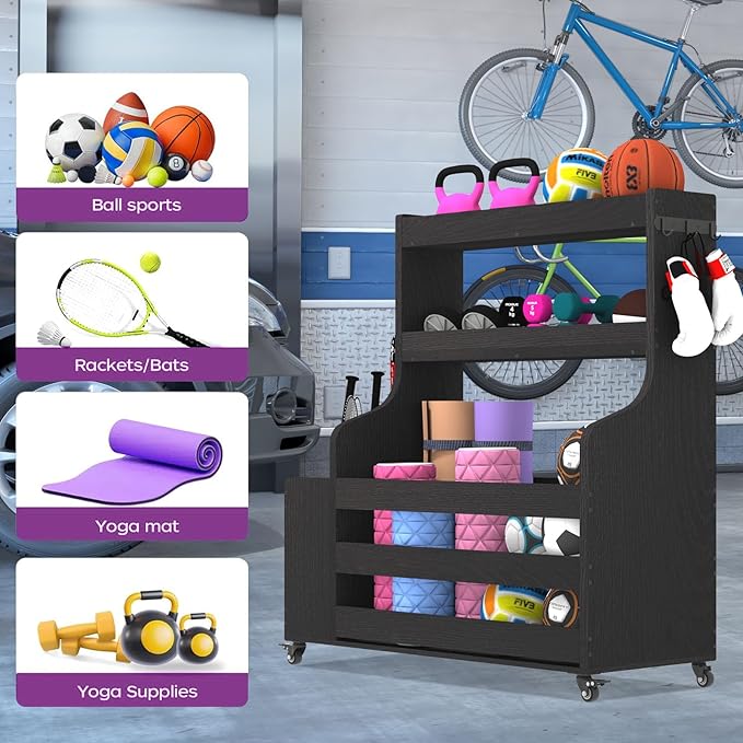 Weight Rack for Dumbbells, Home Gym Organizer Rack Yoga Mat Holder with Wheels and Hooks, All in One Workout Storage for Yoga Mat, Foam Roller, Gym Storage Storage for Home Exercise(Wood)