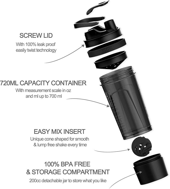 Artoid Mode Fitness Workout Sports Protein Shaker Bottle 24-Ounce, Dual Mixing Technology with Shaker Balls & Mixing Grids Included, Twist and Lock Protein Box Storage Included