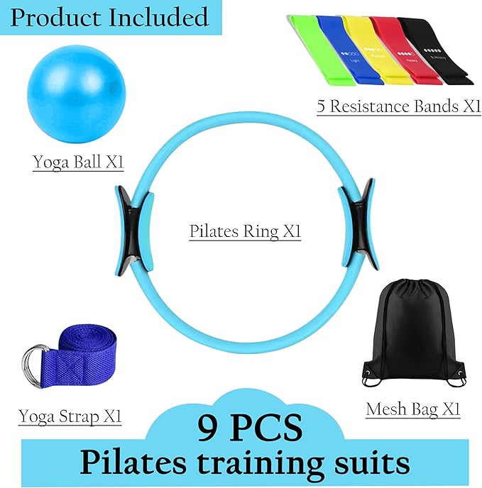 Pilates Ring Set – Magic Circle with Dual Padded Handles, Mini Exercise Ball & 5 Resistance Bands | Pilates Kit for Women | Home Workout Equipment for Full-Body Training & Fitness Set