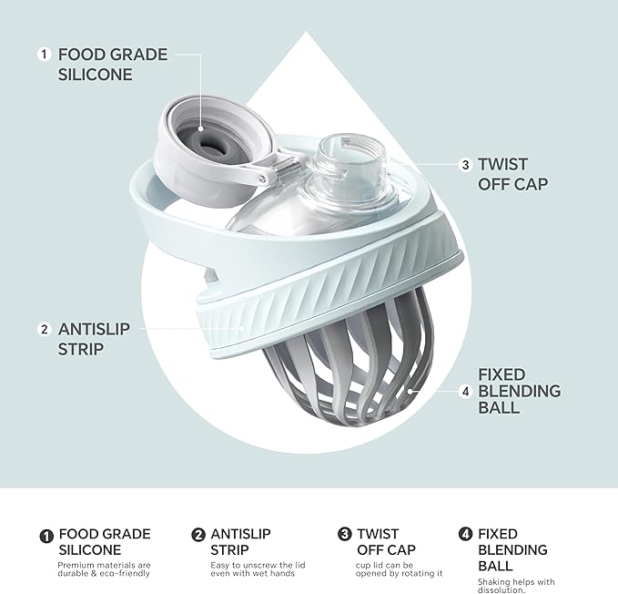 Ideus Protein Shaker Bottle 24oz(710ml) Insulated Stainless Steel Shaker Bottle with Silent Tritan Ball Portable Pre Workout Shaker Cups for Protein Shakes, Smoothies, Cocktails, White