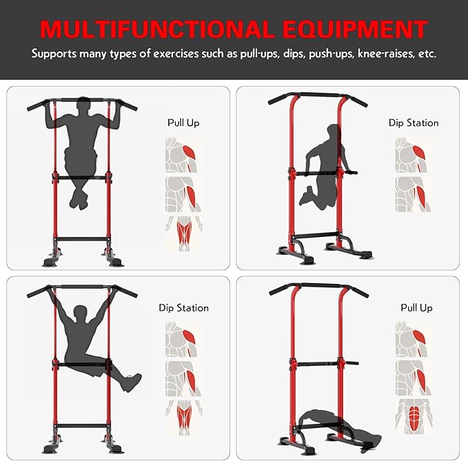 soges Power Tower Pull Up Bar Station, Free Standing Pull Up Rack Dip Station for Home Gym, Height Adjustable Home Strength Training Fitness Workout Equipment