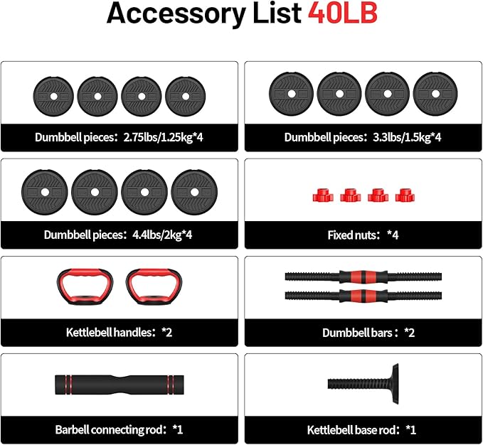 Adjustable Dumbbell, 20/30/40/60/80lbs Dumbbells Set, 4-in-1 Free Weights for Women/Men Workout Equipment Used as Barbell/Kettlebells/Push up Stand for Home Gym