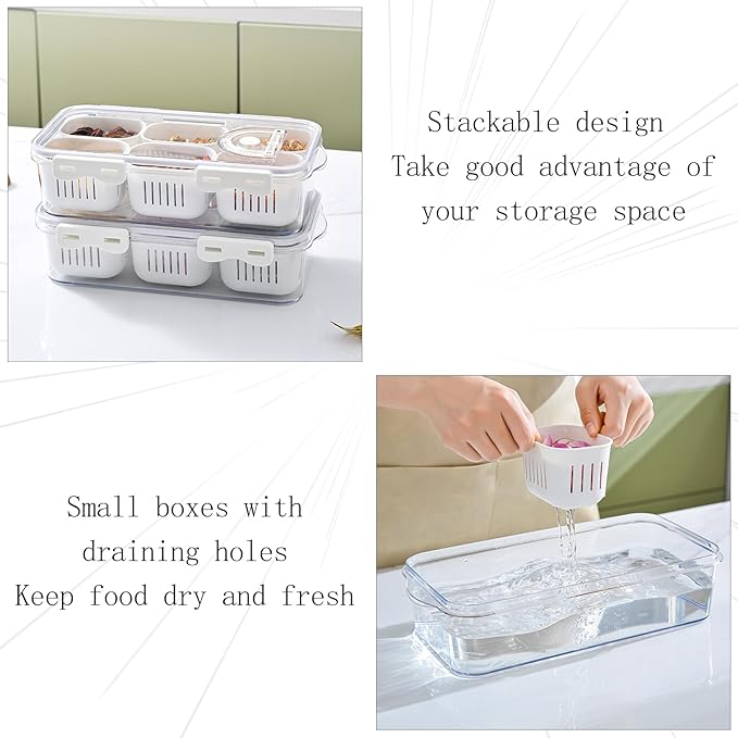 MineSign Divided Food Serving Tray with Lids Stackable Snackle Box for Candy Nuts Spice Fruit&Veggie Container with 6 Small Dividers Plastic Storage Bins for Fridge Pantry Freezer