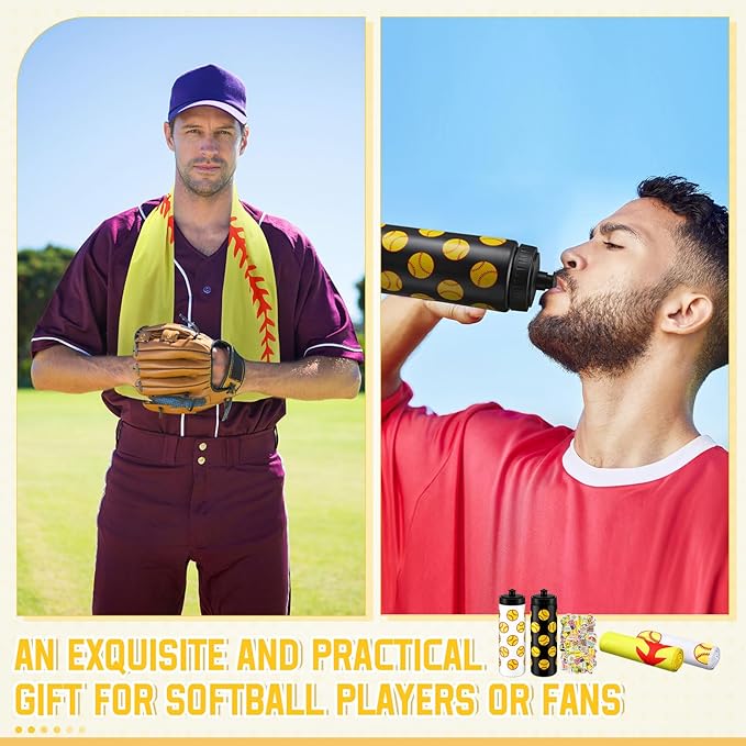 12 Pcs Softball Water Bottle Softball Cooling Towel Set with 50 Sticker Sports Party Favors Include 6 Reusable Sports Squeeze Water Bottle 6 Ice Towel Breathable Fast Drying for Team Gifts