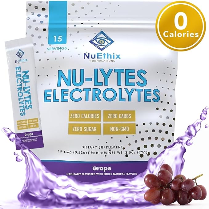 NuEthix Formulations NU-LYTES Electrolytes Hydration Packets, Zero Calories, Zero Sugar, Zero Carbs, Non-GMO, Electrolytes Powder Packets, Glycogen Replenishment, 15 Servings (Grape)