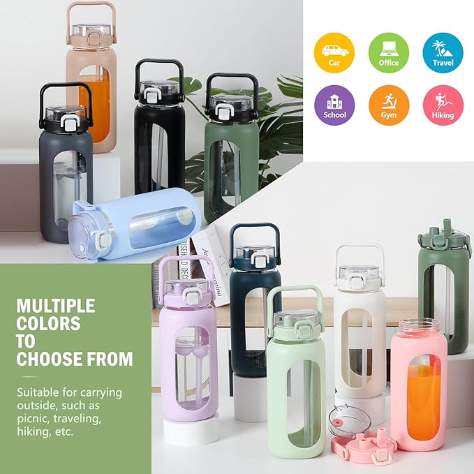 BLUEGO 64oz Glass Water Bottles with Straw Time Marker Half Gallon Large Motivational Water Bottle with Silicone Sleeve 2 Liter Large Glass Water Jug for Gym, Sports& Workout, Daily, 02 Olive