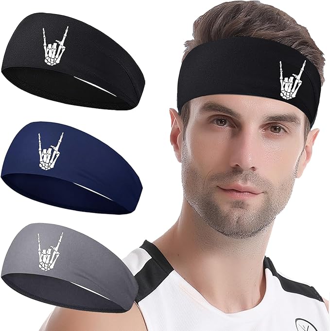 Headbands for Men Women 3pcs Sports Sweat Bands Headbands Men Sweatbands Workout Headband for Mens Running Cooling Skull Sweat Band Head Bands