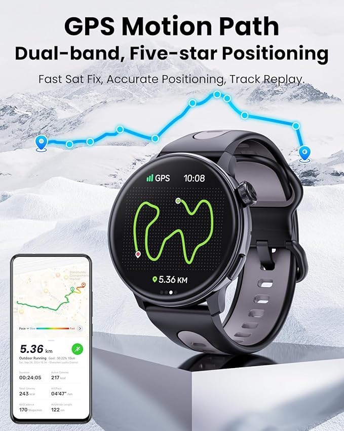 Smart Watch GPS, 1.43" AMOLED Screen Smart Watch for Men/Women Fitness Tracker, Military Smartwatches Compass,Compatible with Android & iOS (Bluetooth Call Answer/Dial), Multiple Sports Modes