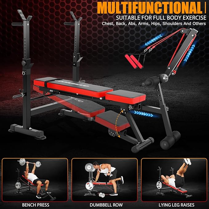 OPPSDECOR 600LBS 6 in 1 Weight Bench Set, Adjustable Bench Press Set and Squat Rack, Foldable Workout Benches for Home Gym, Incline Decline Flat Sit Up Strength Training Bench