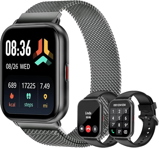 Smart Watches for Women Men (Answer/Make Calls, 3 Bands), 1.85" Fitness Tracker Watch for iPhone/Android Phones with Heart Rate Monitor Sleep/Steps Tracker 100+ Sports Pedometer Waterproof (Black)