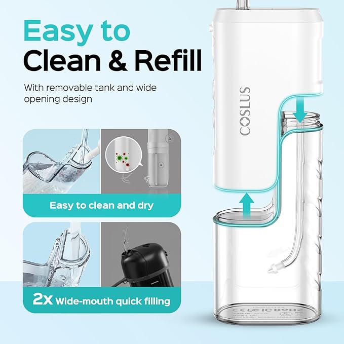 COSLUS Mini Water Flosser for Travel: Portable Compact Design, Cordless Oral Irrigator with 4 Jet Tips Storable, IPX7 Waterproof for Braces, Orthodontic, Sensitive Gums Outing & Home, White, T40