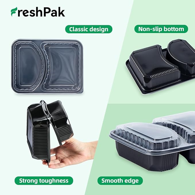 FRESHPAK Takeout Containers Reusable 40 Pack 40oz - Shrink Wrap Leakproof | Portion Control Leftovers Plastic Container with Lid | BPA Free Freezer & Microwave Safe Meal Prep | 2 Compartment Lunch Box