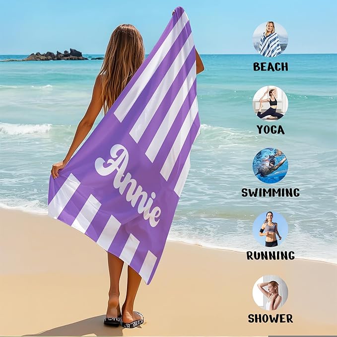 JML Personalized Beach Towel with Name, Custom Cabana Stripe Beach Towel, Customized Microfiber Pool Towel, Quick Dry & Absorbent Swim Towel for Adult,Mother's Day, Birthday, Summer Holiday,Vacation