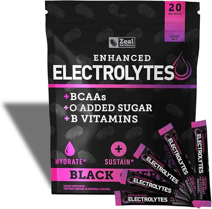Enhanced Electrolyte Powder Stick Packs (Black Cherry | 20 Packets) w/ 0 Sugar +BCAAs +B-Vitamins Electrolyte Supplement w Potassium Zinc & Magnesium for Hydration - Keto Electrolytes