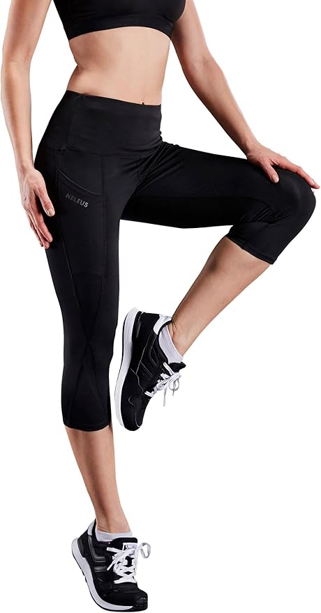 NELEUS Women's Tummy Control High Waist Capri Running Leggings Yoga Pants with Pocket