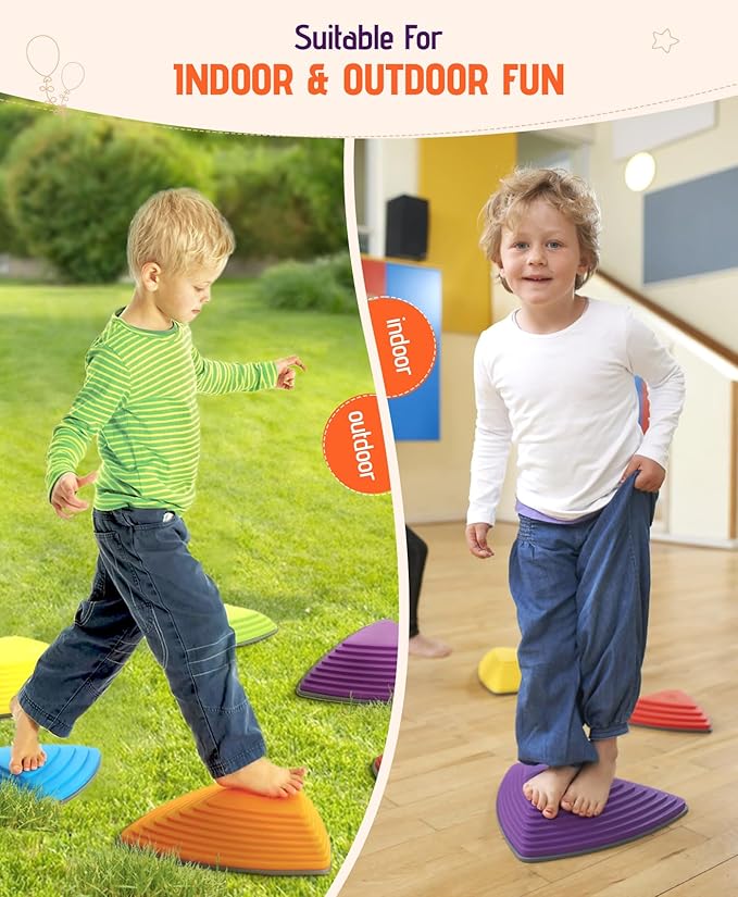 Giggle & Play Stepping Stones For Kids, Set Of 12, Montessori Indoor and Outdoor Balance Stepping Stones, Promotes Coordination, Balanced Strength Child Safe Rubber, Sports, Vibrant Colors, Non-Slip Edges