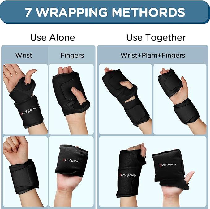Comfytemp Wrist Ice Pack Wrap for Carpal Tunnel Relief, 2 Gel Packs, Hot Cold Compression Brace for Hand Injuries Reusable, Tenosynovitis, Men Women Gift (Black)