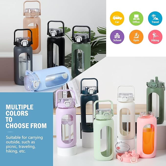 BLUEGO 64oz Glass Water Bottles with Straw Time Marker Half Gallon Large Motivational Water Bottle with Silicone Sleeve 2 Liter Large Glass Water Jug for Gym, Sports& Workout, Daily, Light Blue