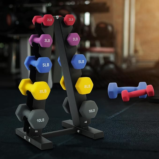 Colored Neoprene Dumbbell Set with Rack, Multiple Weight Options, 20LBS, 32LBS, 50LBS and 56LBS Sets