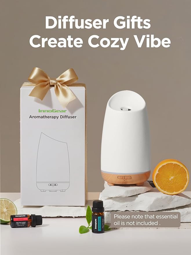 InnoGear 150ml Ceramic Oil Diffuser, Handcrafted Stone Essential Oil Diffuser Aromatherapy Diffusers Ultrasonic Cool Mist Humidifier Vaporizor 2 Mist Modes for Room Home, White Slope Cut Ceramic