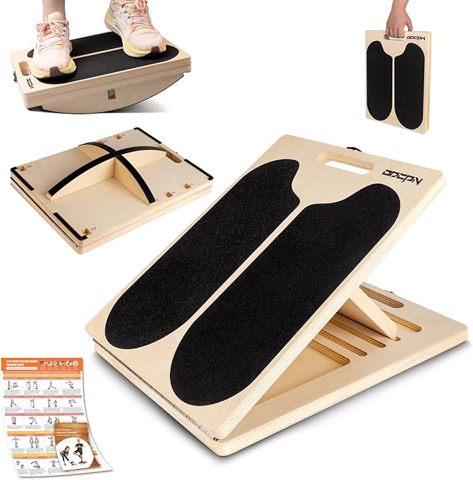3-in-1 Wooden Slant Board & 180°/360° Balance Board, Portable 6 Angle Adjustable Calf Stretcher with Training Poster, Anti-Slip 300LBS Wobble Board for Physical Therapy, Standing Desk & Core Strength
