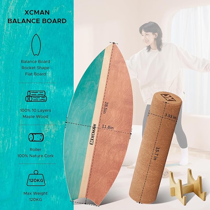 XCMAN Surf Balance Board Trainer with Roller Wooden Exercise Balancing Stability Trainer - Non Slip Surface for Adults Kids|Balance Board for Surfing,Snowboarding,Skateboarding,Hockey,Yoga Training