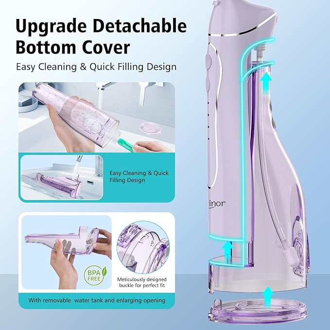 Leominor Water Dental Flosser Pick for Teeth, 300ML Portable Oral Irrigator Upgraded Tank Removable,IPX7 Waterproof, Rechargeable Travel Teeth Cleaner, Professional Electric Flossing Machine(T-Purple)