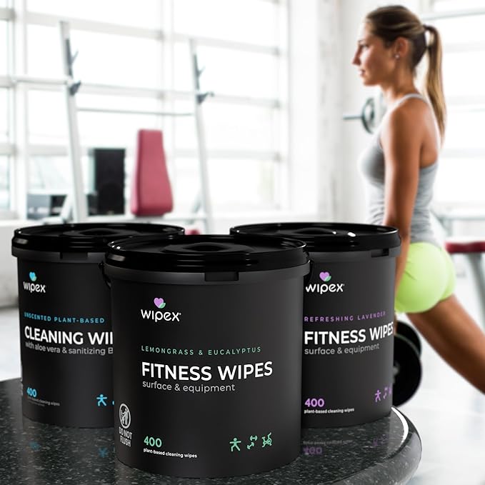 Wipex Gym Cleaning Wipes Bundle - Get 3 Buckets (1) Lavender, (1) Lemongrass Plant-Based Fitness Equipment Wipes and (1) Sanitizing BZK Bucket for Hands, Use at home or Gym, 400 Count (Pack of 3)