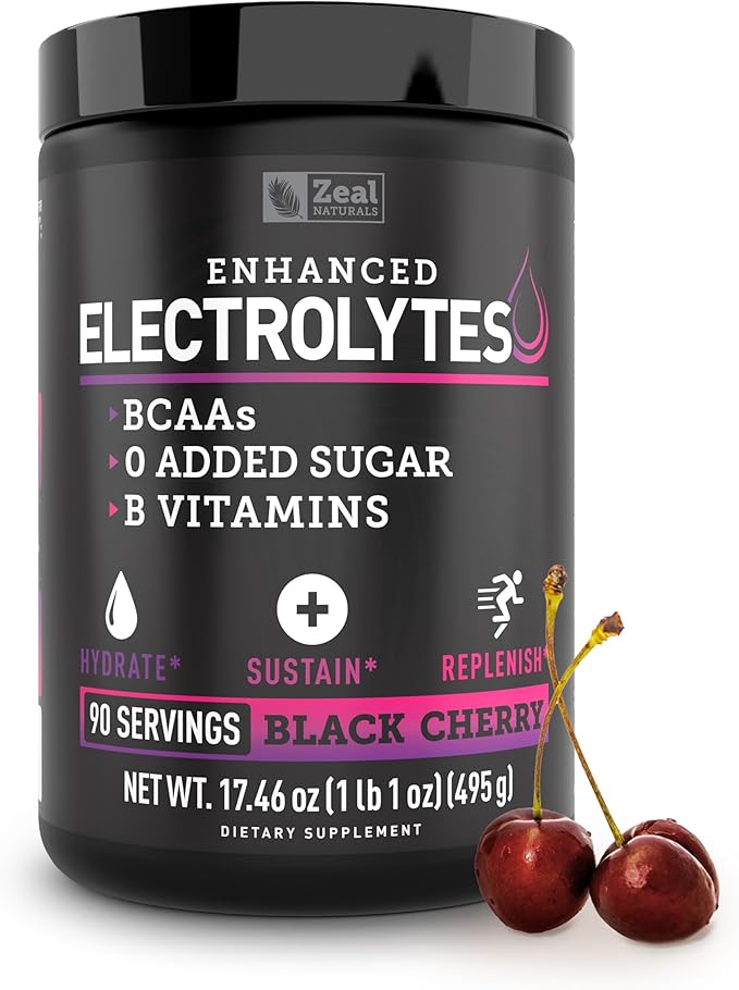 Zeal Naturals Electrolyte Powder Recovery Drink (90 Servings | Black Cherry) w/ 0 Sugar +BCAAs +B-Vitamins Electrolyte Supplement w Potassium Zinc & Magnesium for Hydration - Keto Electrolytes