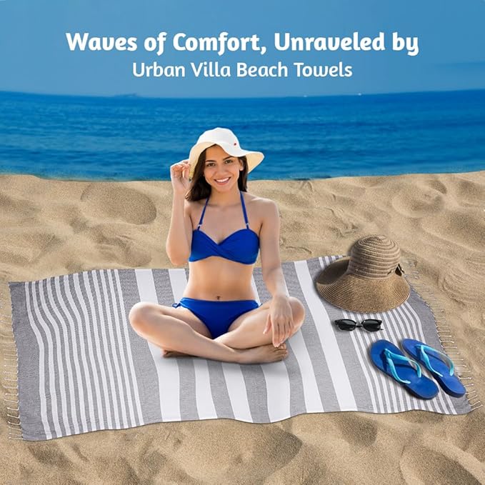 Urban Villa Set of 6 Peshtemal Turkish Beach Towel Oversized 36x72 Absorbent Extra Large - Sand Free Quick Dry Bath Towels - Lightweight Travel Cruise Camping Spa Towels - Grey