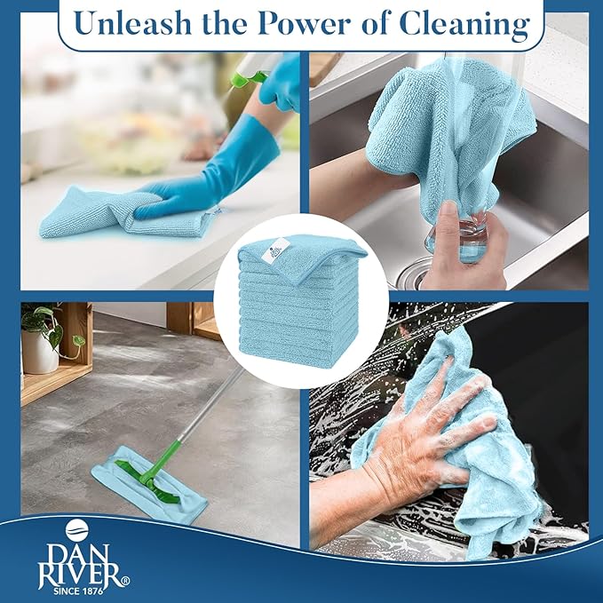 DAN RIVER 12-Pack Blue Microfiber Towels โ Ultra Absorbent, Lint-Free & Streak-Free Cleaning Towels for Home, Car & Kitchen - Must-Have Cleaning Essentials - 12" x 12"