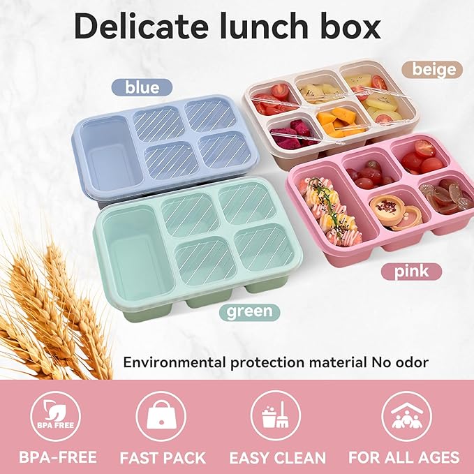 Bento Lunch Box with Reusable, 5 Compartment Bento Box for 4 Pack, Bento Snack Containers for Travel and Work