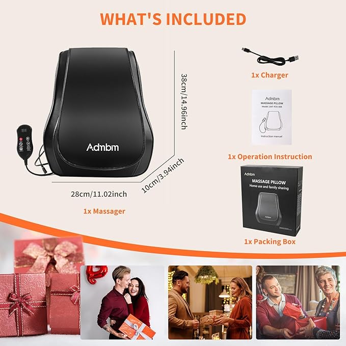 Rechargeable Back Massager with Heat, Shiatsu Neck Massager for Pain Relief Deep Tissue, 4D Kneading Massage Pillow for Neck Shoulder Leg Waist and Abdominal, Suit for Office, Home and Car