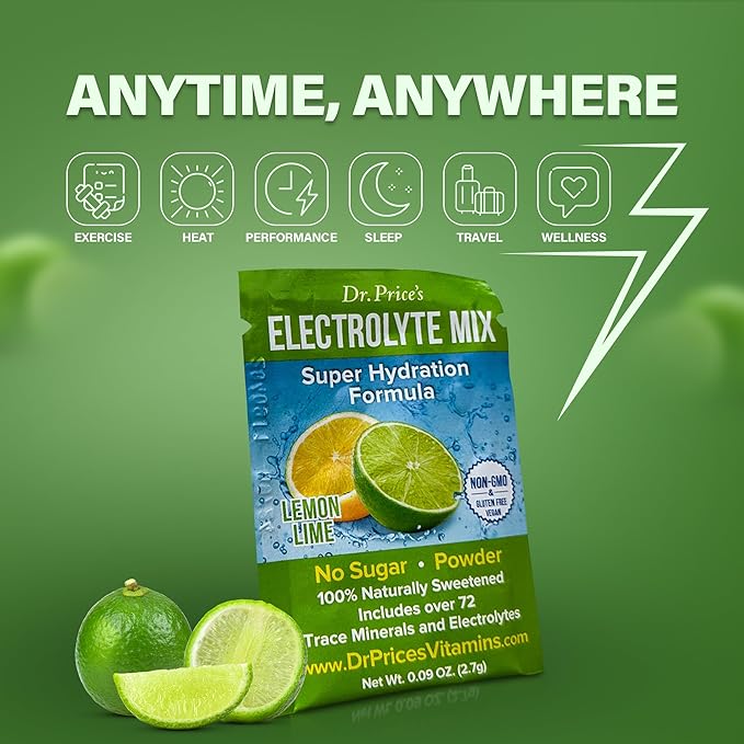 Dr. Price’s Electrolyte Mix | Sugar-Free Hydration Powder with 72+ Trace Minerals | No Sugar, Fast-Dissolving Electrolytes Powder Packets | Lemon-Lime (30 Packs)