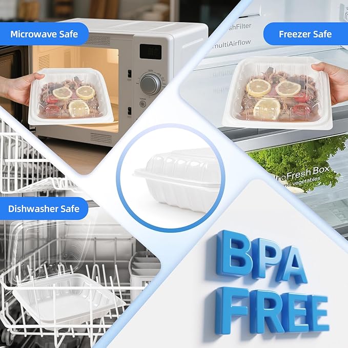 YANGRUI Takeout Containers 8 Inch 34 oz 25 Pack - Reusable Anti Fog Crystal Lid Technology Shrink Wrap To Go Box | BPA Free PP Plastic Freezer & Microwave Safe | White Restaurant Grade Food Container