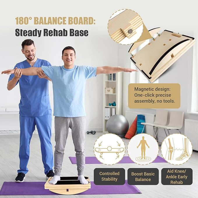 3-in-1 Wooden Slant Board & 180°/360° Balance Board, Portable 6 Angle Adjustable Calf Stretcher with Training Poster, Anti-Slip 300LBS Wobble Board for Physical Therapy, Standing Desk & Core Strength