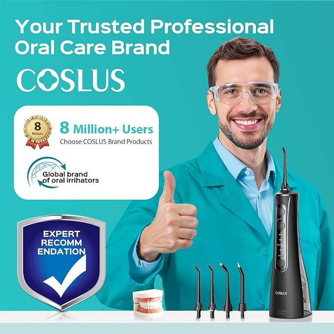 COSLUS Portable Water Flosser for Teeth: 4 Modes & 5 Intensity Levels Professional Electric Dental Pick for Sensitive Gums, Braces & Orthodontic - Cordless for Travel Use, for Adults, BPA-Free, Black