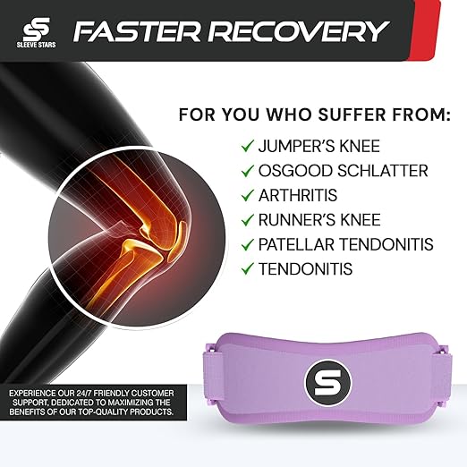 Sleeve Stars Swedish Brand Patellar Tendon Support Strap for Women & Men Effective Osgood Schlatter Knee Brace Youth & Kids Knee Brace with 3 Adjustable Length fits 12"-24" (Single/Light Purple/Adult)